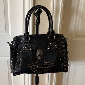 Skull Medium Size Purse with zipper and long shoulder strap Black Faux Leather